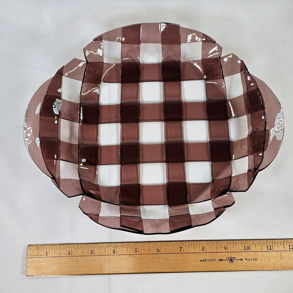 Amethyst Purple Fused Glass Woven Lattice Bowl Pie Dish Art Glass Centerpiece - Picture 5 of 10